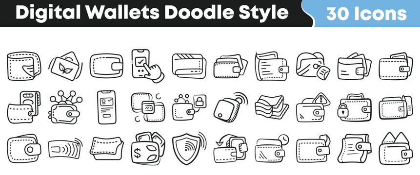 Collection of thirty doodle style icons representing various digital wallet concepts security features and payment methods for finance applications.