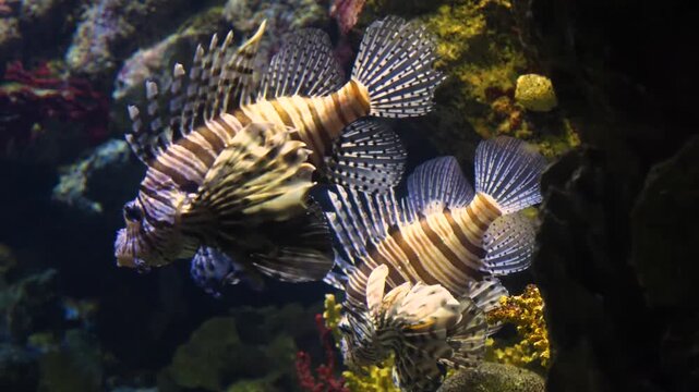 Close up profile shot of lion fish slowly floating around underwater beside a coral reef with another one behind.