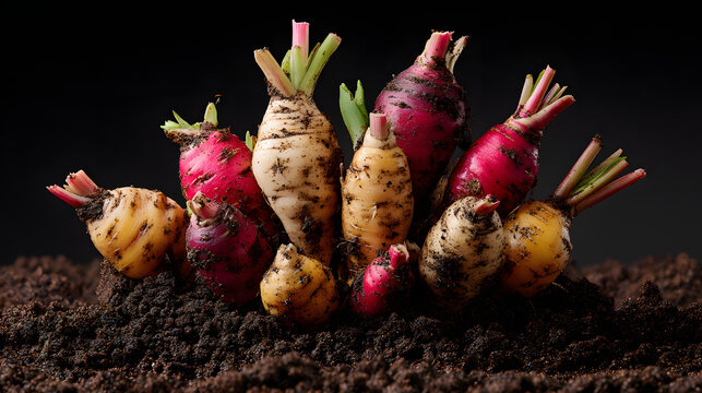 Freshly dug oca tuber cluster with soil and sprouting shoots, colorful heirloom root vegetables ready for planting or cooking