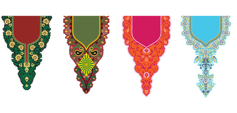 Set of 4 Ethnic Neckline Embroidery Vectors - Traditional Floral and Paisley Neck Patterns for Kurti, Salwar Kameez, and Kaftan Design