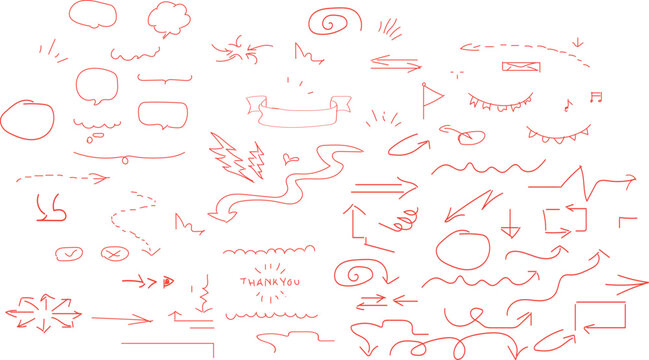 Hand drawn red line star sparkle, emphasis, underline vector set.  Vector illustration.  