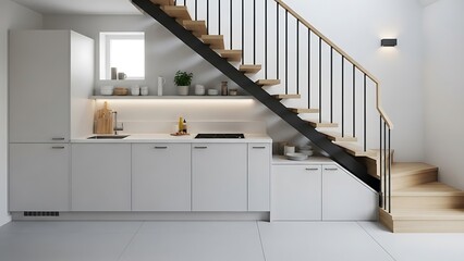 Contemporary Kitchen Design Integrating Staircase, Space Efficiency Interior