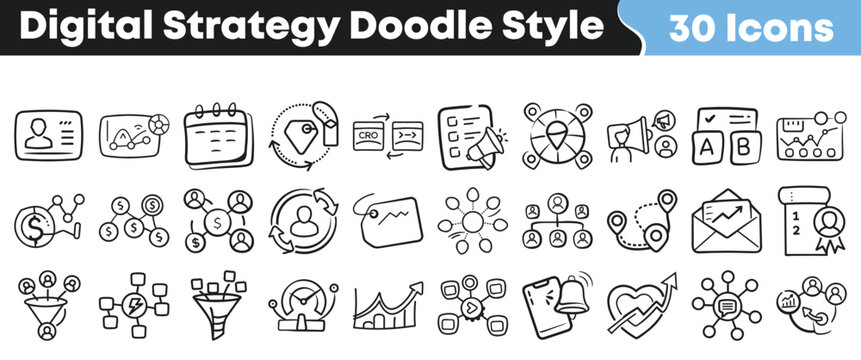 Hand drawn doodle style set of thirty digital strategy marketing icons representing various business planning and analytical concepts clearly.