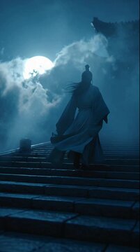 A lone figure in traditional attire ascends ancient stone steps under a luminous full moon and cloudy night sky, evoking a mysterious East Asian atmosphere.