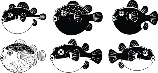 Black and white puffer fish silhouettes set featuring cute marine animals in minimalist vector illustration for ocean wildlife and aquatic design projects © Azom