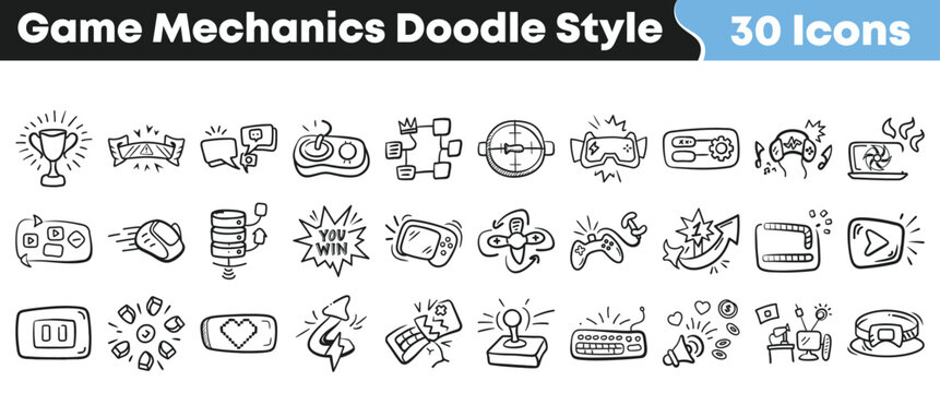 Thirty hand drawn doodle style icons illustrating various essential game mechanics concepts for digital development projects and interfaces