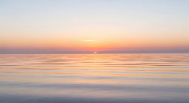 Serene seascape at dawn with smooth water and subtle wave patterns. Warm sunrise colors blend into a clear sky.