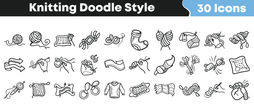 Collection of thirty hand drawn doodle style icons representing various knitting techniques tools and finished yarn crafts effectively for crafters.