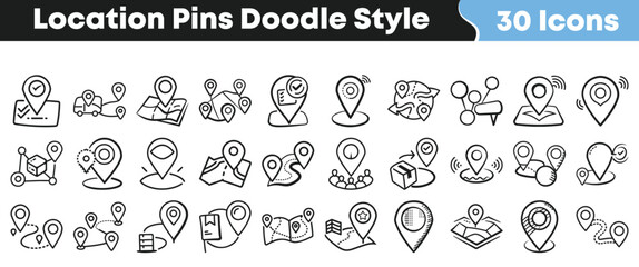 Collection of thirty hand drawn doodle style location pins icons representing navigation mapping delivery and travel destinations © Vectoravec