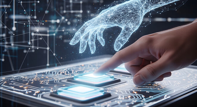 hand pushing a button, Human and AI Hands Touching: Symbolic Connection in Futuristic Data Network. Innovation, Digital Transformation, Trust, Artificial Intelligence Collaboration Technology.