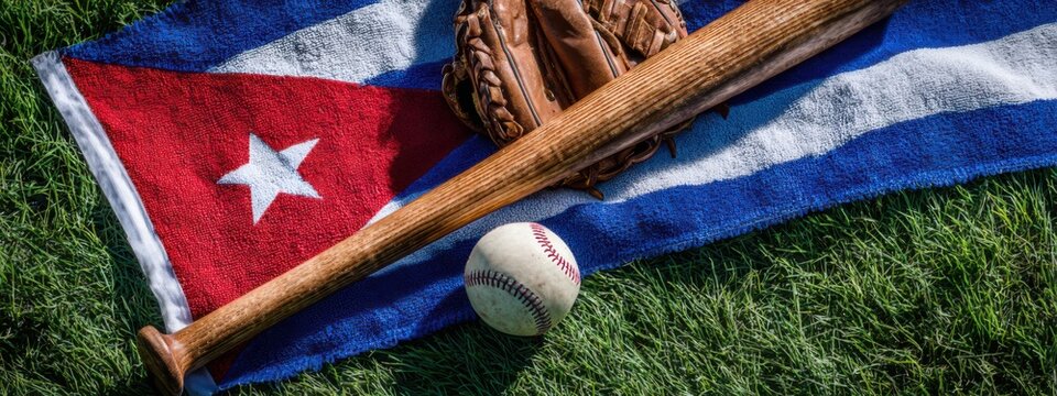 Cuban baseball equipment laid out on a grass field during a sunny day while celebrating the sport's cultural significance in Cuba