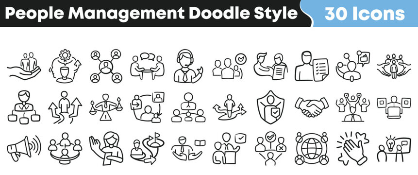Collection of thirty hand drawn doodle style icons representing various concepts central to effective people management and team collaboration in business.