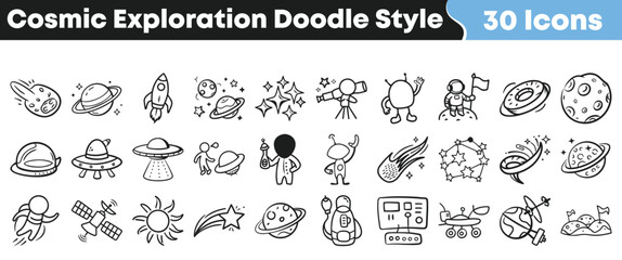 Collection of thirty charming hand drawn doodle style icons representing various elements of cosmic exploration and space travel adventures. © Vectoravec