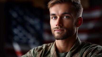 Fototapeta premium Man in military uniform standing in front of American flag, armed forces service member, veteran portrait display, patriotic dedication representation, defocused flag background, with copy space