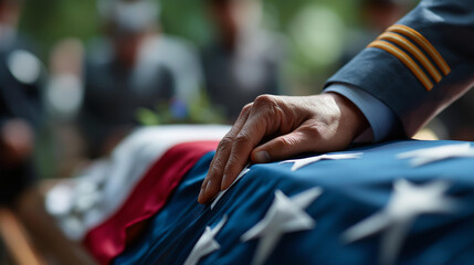 Close-up of male hand on coffin covered with American flag, saying goodbye at outdoor funeral ceremony, military burial moment, defocused background, faceless grieving, with copy space
