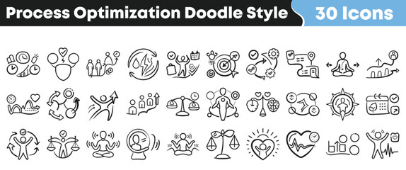 Collection of thirty hand-drawn doodle style icons representing various concepts related to process optimization and personal balance. © Vectoravec