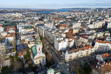 Belgrade city drone view showing urban landscape and Saborna church