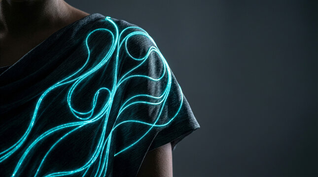Bioluminescent Smart Fabric Draped over Human Shoulder Dark Fashion Setting Wearable Technology Future Tech - wearable technology focus