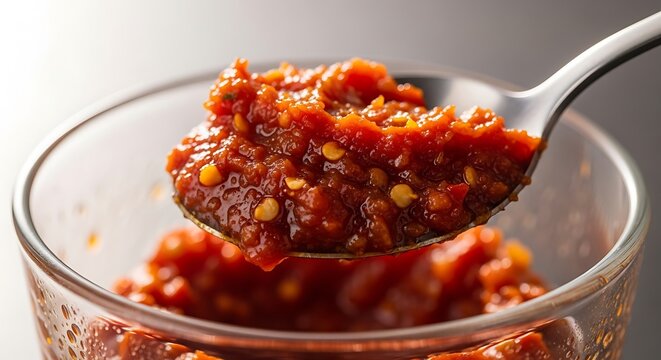 A spoonful of rich, hearty chili con carne with beans and spices. sambal oelek 