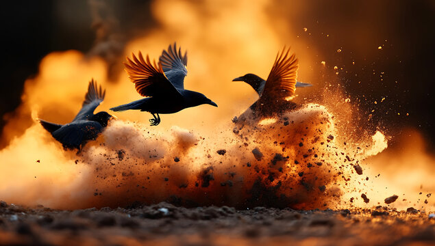 Three black birds take flight, creating a dust cloud explosion at sunset