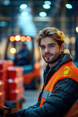 Fototapeta premium Confident young warehouse worker in safety vest smiles at the camera, working late at night