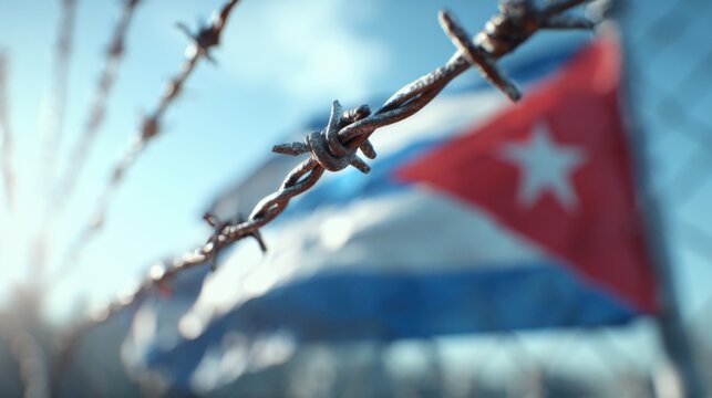 Barbed wire in focus with a Cuban flag waving in the background during the day