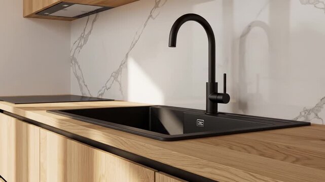 Modern kitchen interior design with black sink faucet wooden countertop and marble backsplash
