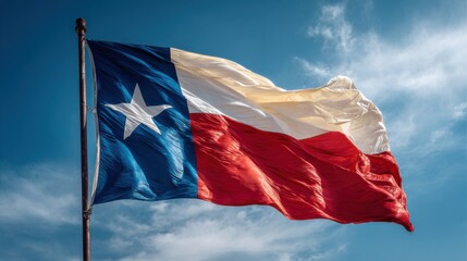 Texas flag waving in the wind against a blue sky during the day with clouds present above