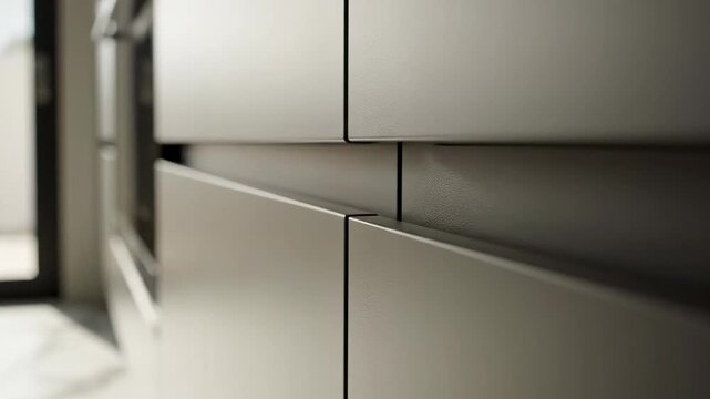 Elegant close up of contemporary kitchen cabinetry with a smooth matte grey finish and clean lines