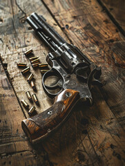 A classic revolver with scattered bullets on an old wooden table, evoking a western theme.