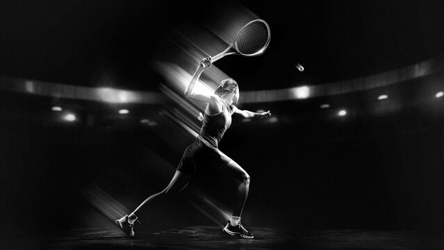 Striking design. Female tennis player preparing overhead smash with flying ball. Concept of sports tournament promo, athletic gear ads, professional competition branding and fitness motivation visuals