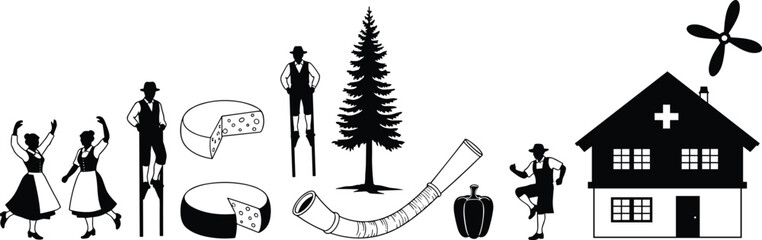 Obraz premium Swiss alpine culture silhouette icons illustration, traditional dancers cheese horn farmhouse and mountain symbols collection, black folk heritage vector set isolated on white background
