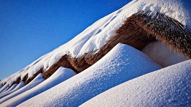 Snow covered thatched roof under blue sky
