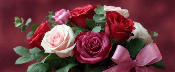 Naklejka premium A festive arrangement of roses and ribbons bursts with warm valentine wishes.