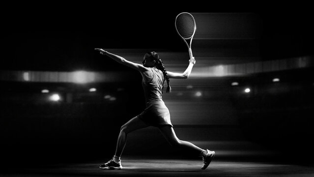 Bold mixed media. Female tennis athlete executing extended forehand swing. Concept of sports marketing visuals, tournament advertising, athletic apparel campaigns and fitness branding.