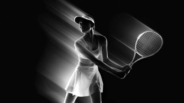 Dramatic composition. Female tennis player ready in defensive backhand stance. Concept of professional competition branding, sports event promotion and athletic performance advertising visuals.