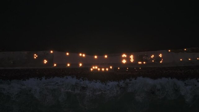 Drone Aerial of Marco Zero and Recife Antigo at Night &ndash; City Lights, Crowd and Capibaribe River, Pernambuco Brazil