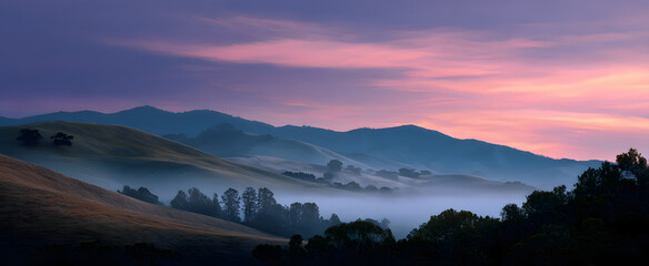 Obraz premium Dawn dances on quiet hills as mindfulness blooms like a gentle spring.