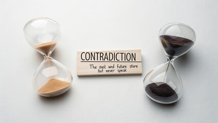 Two hourglasses facing opposite directions with contradiction text