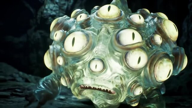 Amphibious creature covered in numerous luminous eyes set against dark cavern background
