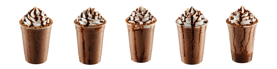Collection for Five chocolate cups with whipped cream toppings isolated on transparent background