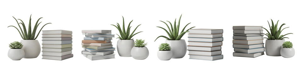 Collection for A set of potted plants on white marble books isolated on transparent background