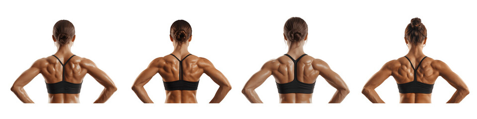 Collection for Four views of woman in black sports bra from behind isolated on transparent background