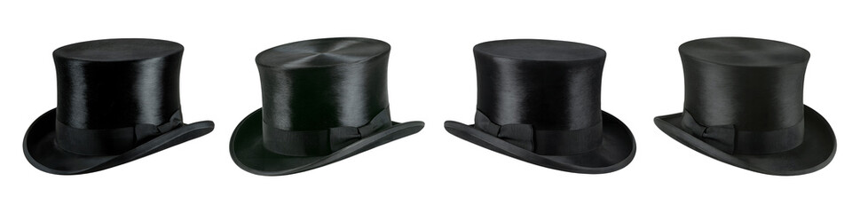 Collection for Four black top hats in a row on white isolated on transparent background