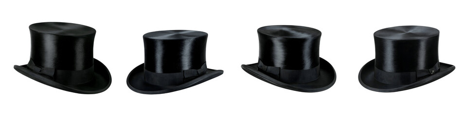 Collection for Four black top hats in a row on white isolated on transparent background