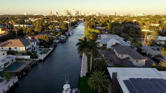 aerial homes along canal in fort lauderdale florida
