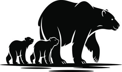 Obraz premium Silhouette of a mother bear and her two cubs walking together