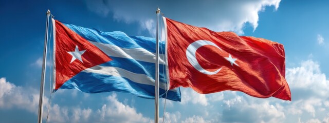 Cuban and Turkish flags wave under a blue sky with clouds during a sunny day in an outdoor location
