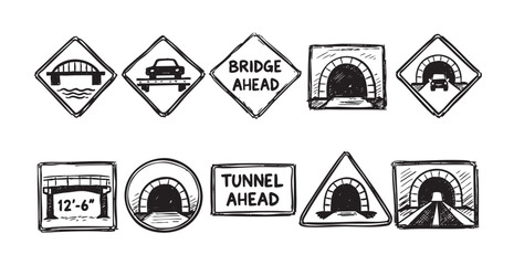 Obraz premium Collection of sketched road signs featuring bridge and tunnel warnings. Ideal for educational material, travel blogs, safety campaigns, and transportation-related content. Black and white.
