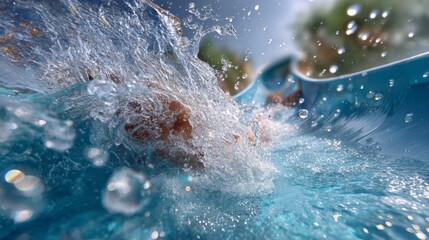Fototapeta premium Child splashing down water slide on sunny day